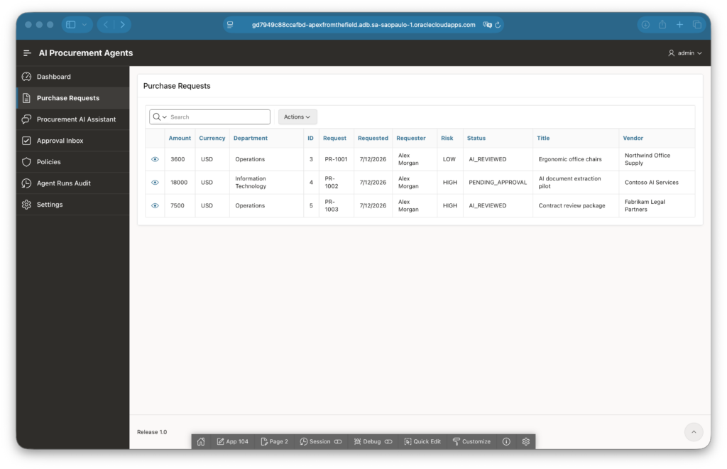 Purchase requests list showing PR-1001, PR-1002, and PR-1003 with different risks and statuses.