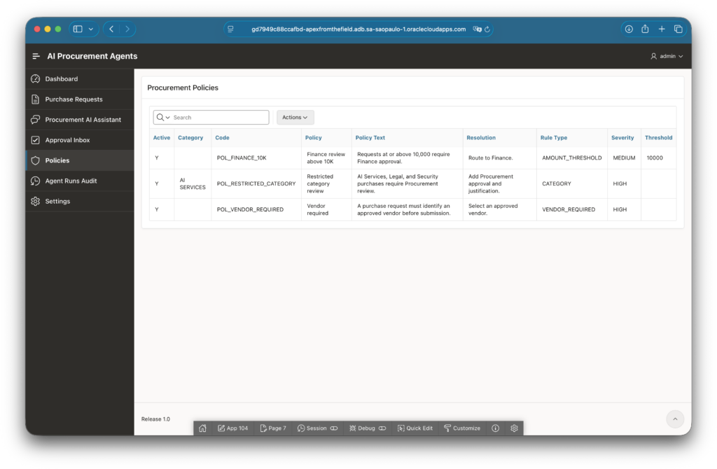 Procurement policies page listing amount, restricted category, and vendor policies.