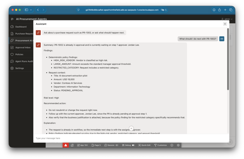 Assistant response for PR-1002 showing policy findings, request context, risk, and recommended next action.