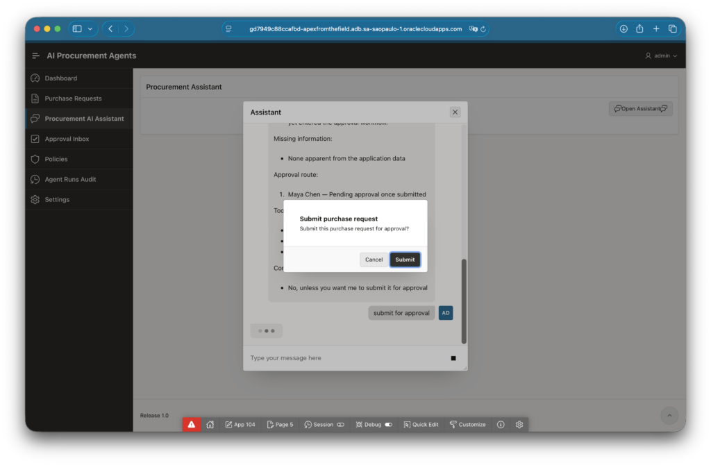 APEX confirmation dialog asking the user to submit the purchase request for approval.