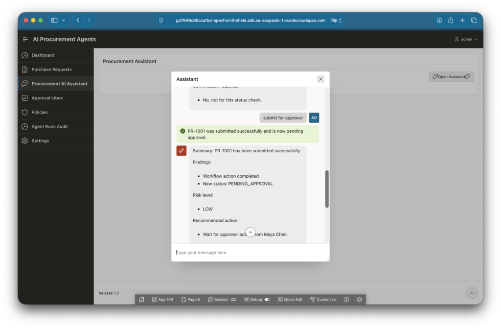 Assistant success message after PR-1001 is submitted for approval.