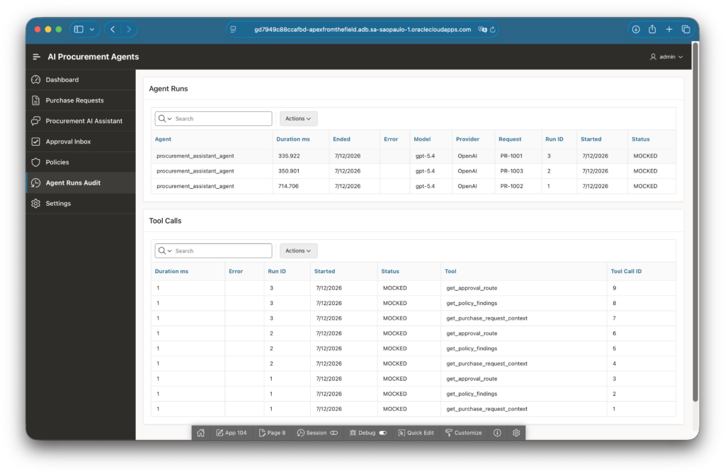 Agent Runs Audit page showing runs and tool calls for the procurement assistant.