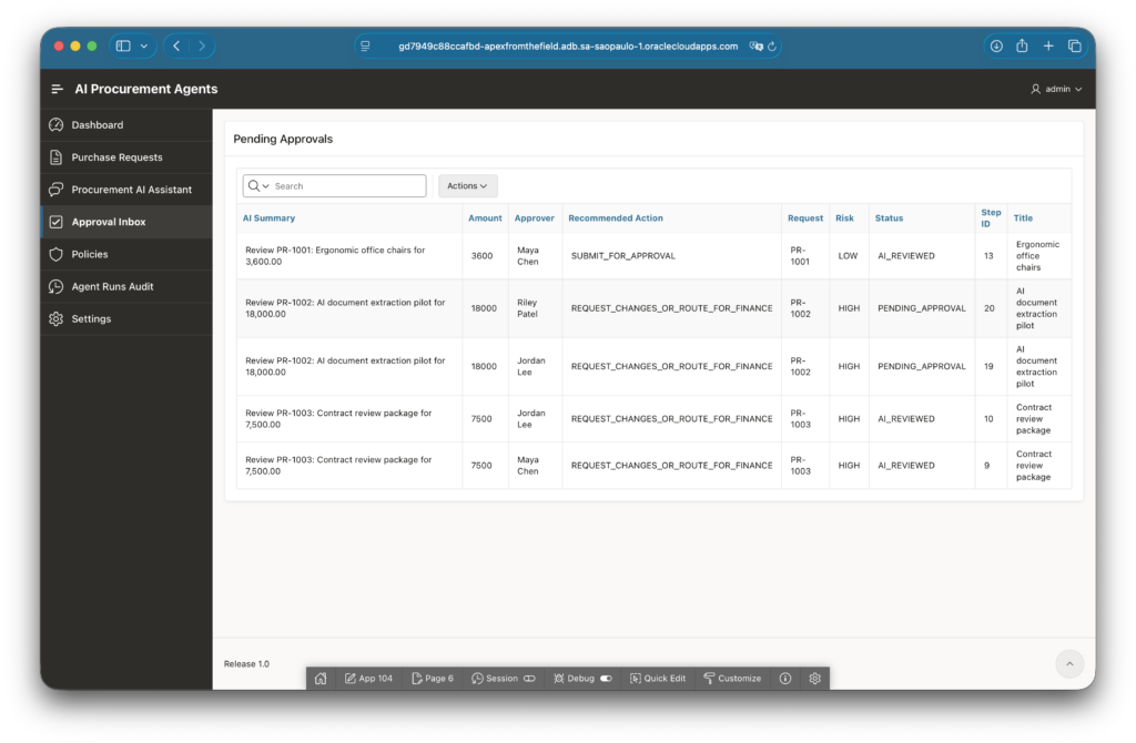 Approval Inbox page showing pending approvals and AI summaries.