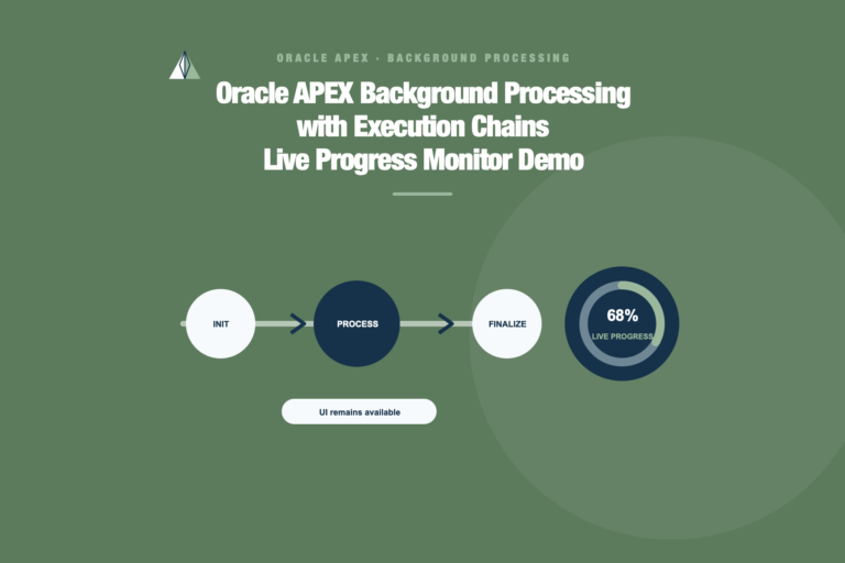 Oracle APEX execution chain moving through initialization, processing, and finalization with live progress