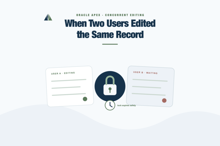 Two users approaching the same Oracle APEX record while an expiring edit reservation prevents overwrites