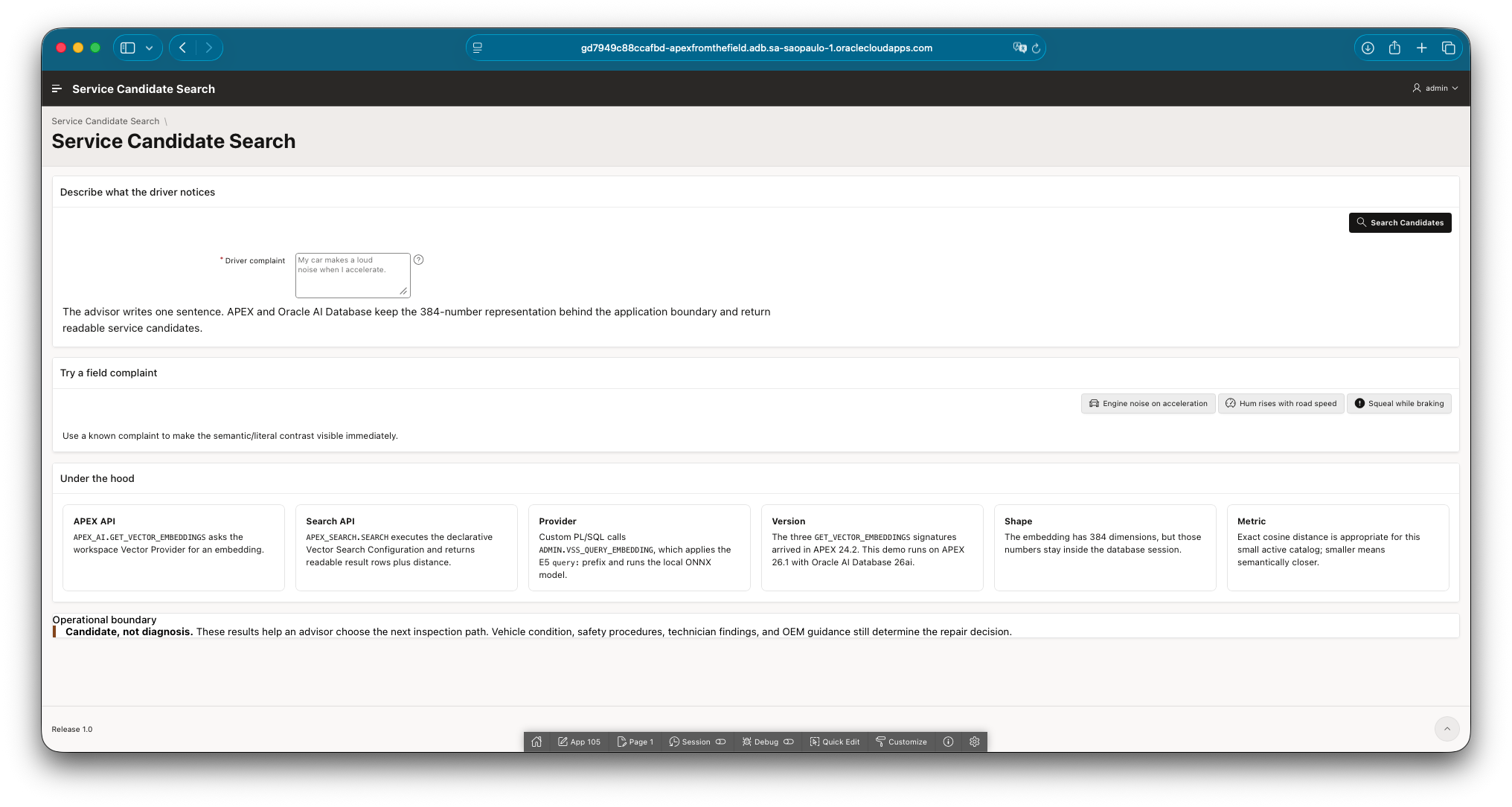 Oracle APEX Service Candidate Search page with complaint entry, example complaints, API details, and candidate-not-diagnosis warning