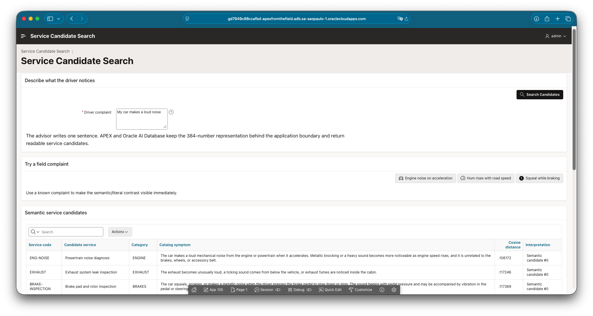 Service Candidate Search showing an engine-noise complaint with ENG-NOISE ranked first