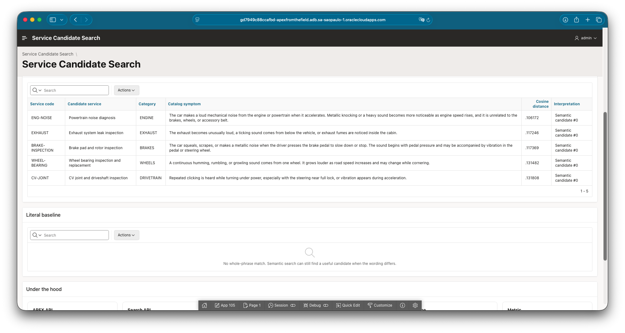 Five semantic service candidates displayed while the literal whole-phrase baseline is empty