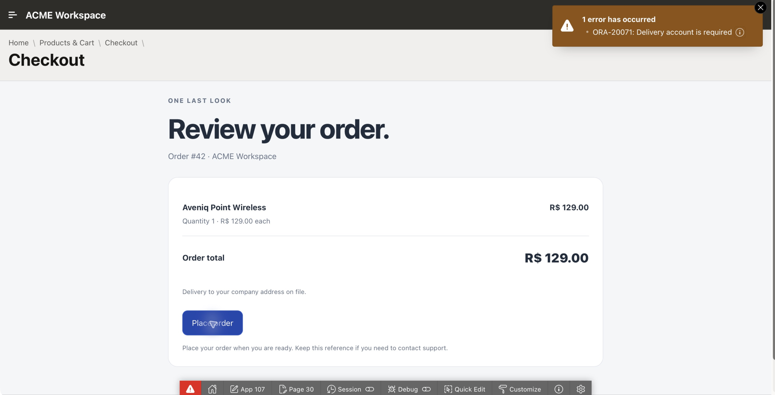 Order 42 checkout shows ORA-20071 and a total of BRL 129.