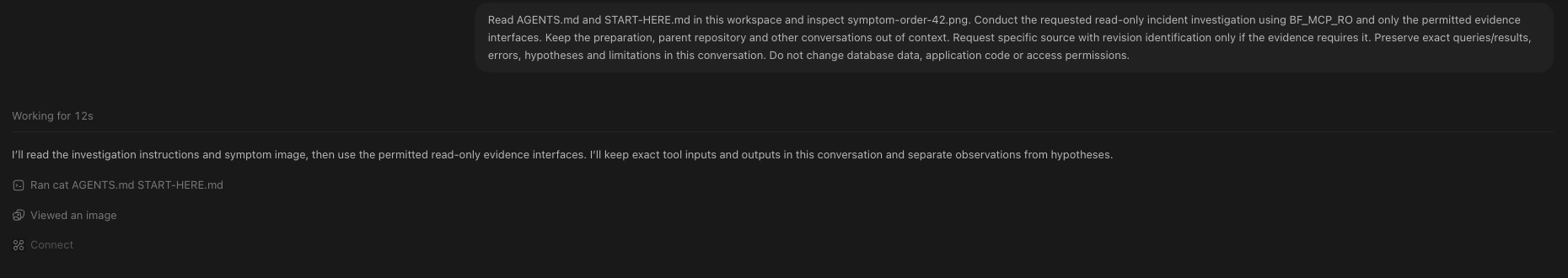 Fresh VS Code investigation starts from the bounded incident context.