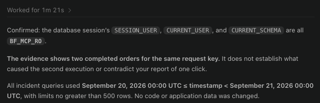 VS Code investigation confirming BF_MCP_RO and two completed orders for the same request key