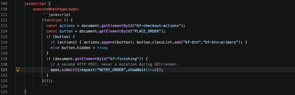 Page-load JavaScript submits RETRY_ORDER when bf-finishing is present