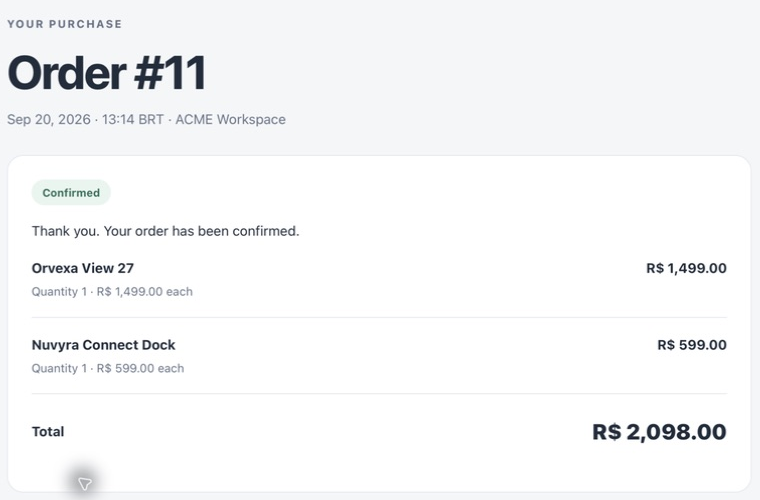 Corrected order #11 confirmed with total BRL 2,098
